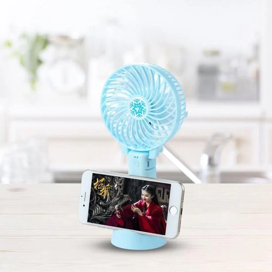 TDR – Draagbare Ventilator – oplaadbaar met USB – kan mobiel op voet plaatsen – perfect voor op op reis, buiten met warm weer – Blauw