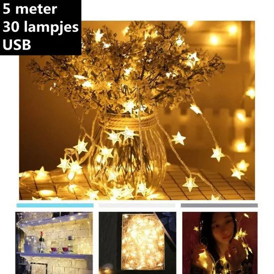 LED-achtergronddecoratie met sterrenslinger- 5 meter 30 lampjes-USB-afstandsbediening-8 knipperende modi-warm wit licht