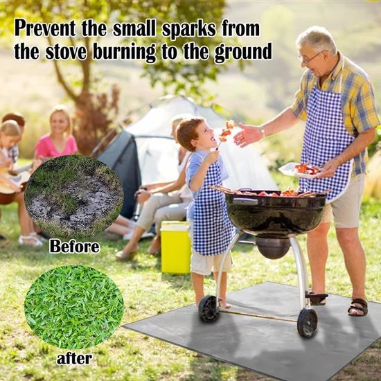 Barbecue vloermat van 100x 150cm Ideale mat voor onder de barbecue – Beschermt je terrastegels of gazon tegen hete kolen en vetvlekken – Grijs