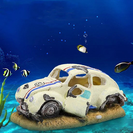 Natuurgetrouw Aquariumdecor- Verzonken auto op Zeebodem – Levendig en Duurzaam – Perfect voor Onderwaterlandschappen 17*9*8cm