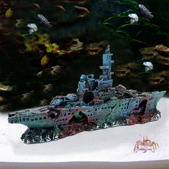 Aquarium decoratie – Slagschip 2 – Realistische hars ornamenten voor vistank landschapsarchitectuur – Duurzaam en stabiel – Ideaal voor zoet- en zoutwateraquaria