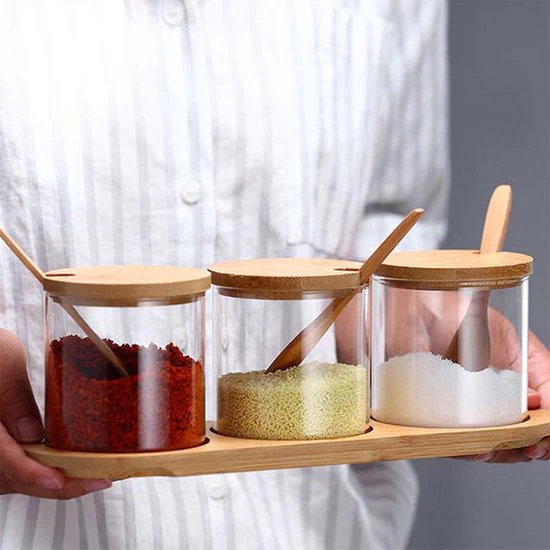 Set van 3 Glazen Kruidenpotjes met Bamboe Lepels & Deksel – Elegant & Organisch Keukenaccessoire