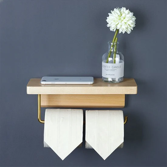 Luxe Zelfklevende Toiletrolhouder met telefoonplankje- Hout & Messing – Geen Boren Nodig-28x10x10cm-goud