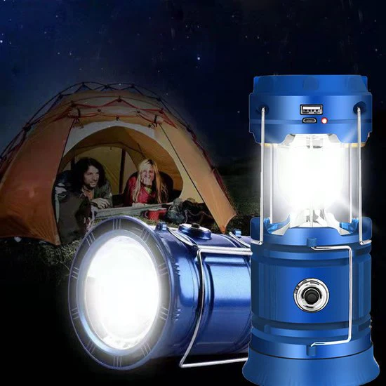 Multifunctionele Solar LED Campinglamp met Handvatten – IP10 – USB-lader en Powerbank-blauw