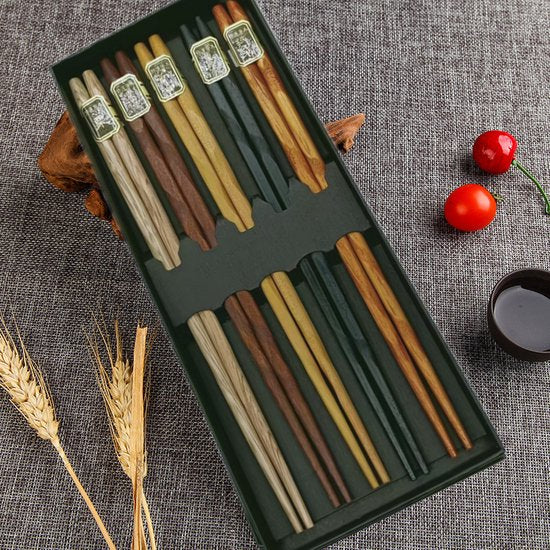 5 paar Premium Handgemaakte Houten Eetstokjes – Milieuvriendelijk-Diverse Kleuren