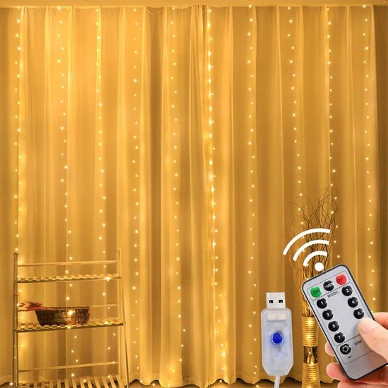 Decoratief LED-lichtgordijn met 8 verlichtingsmodi en 300 lampjes – warm witte kleur – (L)3m x (H)3m – IP55-beschermd voor binnen en buiten