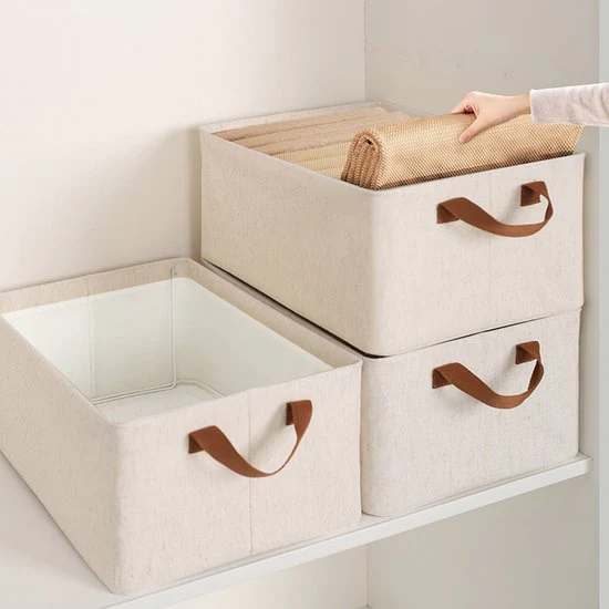 2 stuks Duurzame Katoen-Linnen Opbergbox met Stalen Frame – 25L – Opvouwbaar en Stapelbaar – Ideaal voor Kleding en Speelgoedopslag 47x29x19 cm