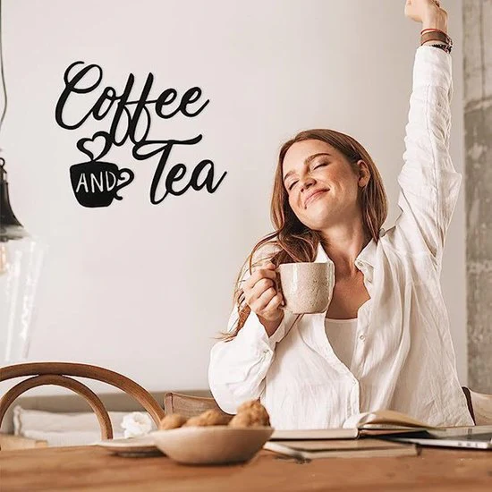 “COFFEE AND TEA” Luxe Metalen Wandbord- Artistiek Koffiekop Ontwerp wanddecoratie voor Keuken & Eetkamer – Duurzaam IJzeren Kunstwerk-zwart