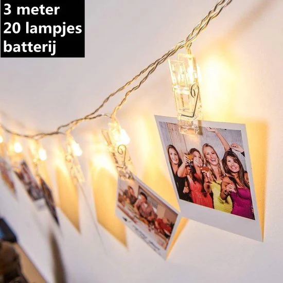 TDR – Fotoclip lichtsnoer – 3 meter – 20 lampjes met fotoclip -werkt op batterij – warm wit licht