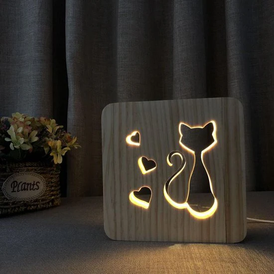 Lamp – 19cm – Tafellamp – Lamp – LED en One touch control – Houten Tafellamp – Kat figuur