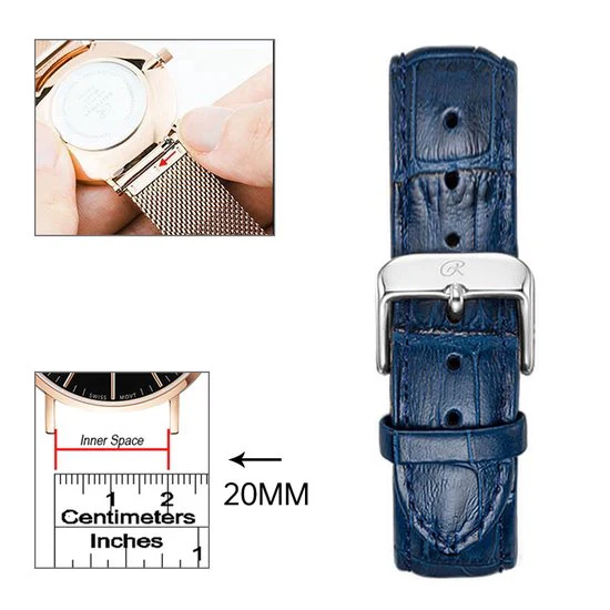 20mm Universele leather Strap dark blue/silver – Quick Release – Past op Alle Merken met 20mm Aanzetmaat