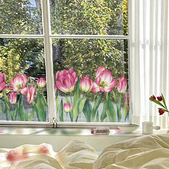 Kleurrijke Tulp Raamfolie Roze – Verduisterende Glasfolie 40×110 cm – Decoratieve Zelfklevende Bloemenfolie