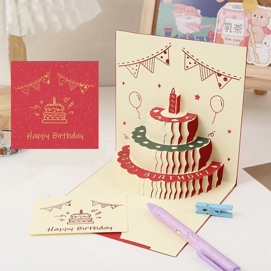 3D Pop-up Verjaardagskaart met Taartontwerp- Feestelijke Decoraties en Opnamefunctie-14.4×14.4cm