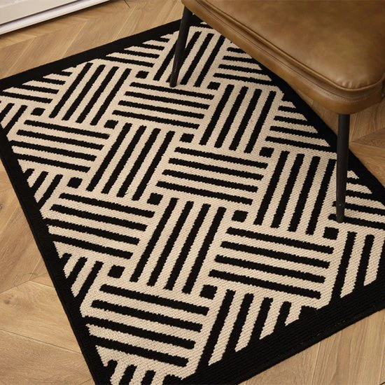Antislip Deurmat – Geometrisch Patroon met Diagonale Lijnen – Absorberend en Wasbaar – Ideaal voor Binnen 60X90CM-zwart