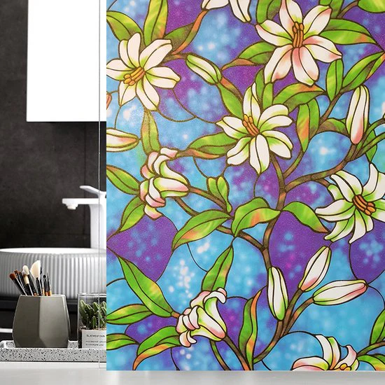 Milieuvriendelijke PVC Glasfolie – Kleurrijk leliebloemenpatroon -Zelfklevend- Privacy en UV Bescherming – 90×200 cm