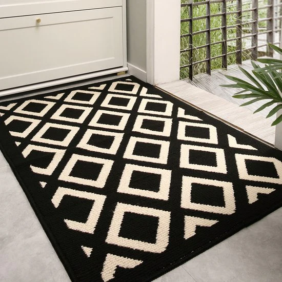 Geometrische antislip deurmat voor binnen-Schoonloopmat-zwart/beige 60x90cm