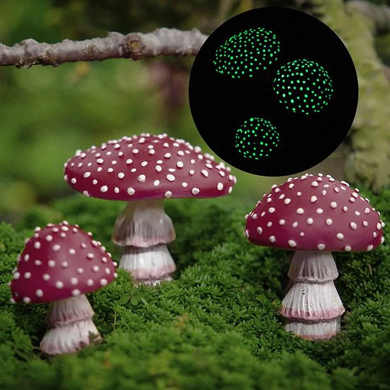 3 delige Betoverende Tuin Paddenstoel Decoratie Set – Glow in the Dark – Realistische en Weerbestendige Tuindecoratie