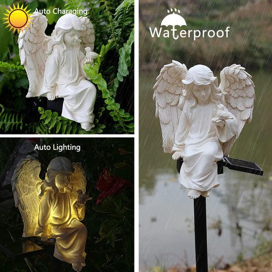 Zonne-energie Engel Tuinornament – Waterdicht Hars Beeldje voor Tuin, Balkon en Terras – IP55 – 12.2×10.5×41.7cm