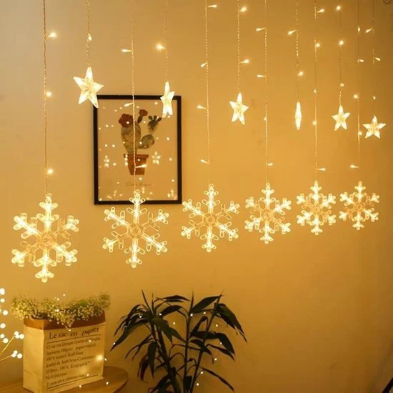 LED Sterren- en Sneeuwvloklichtgordijn – 3,5 Meter – Warme Kerstverlichting voor Binnen & Buiten – Betoverende Kerstdecoratie – 8 Verlichtingsmodi – Warm Wit