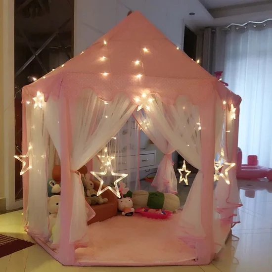 Kinder Speeltent met Sterretjes Verlichting- Kasteel Design -Princess Castle Game Tent- Binnen en Buiten – Roze – 140x70x135CM