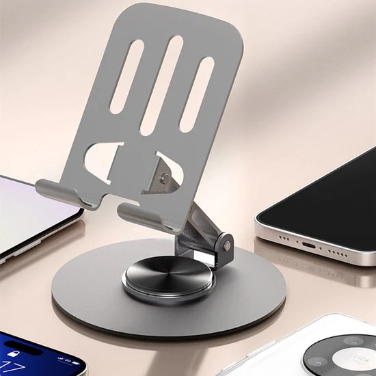 2 stuks Premium Metalen Telefoon- en Tablethouder – 360° Draaibaar & 180° Verstelbaar-Ideaal voor Kantoor en Thuis-grijs