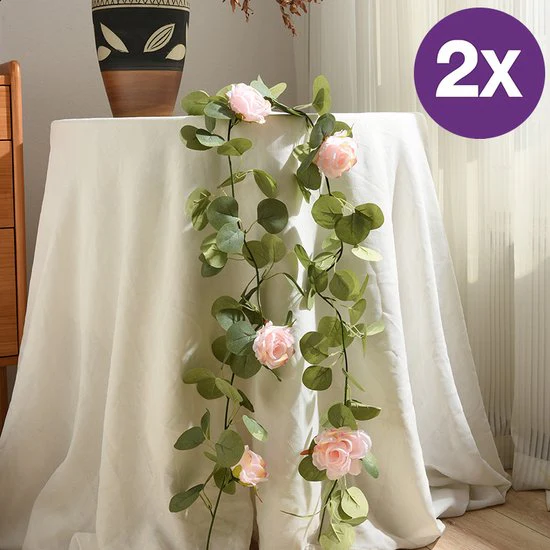 2 Stuks Rozen Slinger – Kunstbloemen slinger – Balkon decoratie – Zomerbloem- 145cm – Klimroos Roze – Bruiloft Decoratie – Trouwen -Trouwdag bloemen