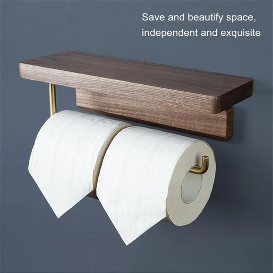 Luxe Zelfklevende Toiletrolhouder met telefoonplankje- Hout & Messing – Geen Boren Nodig-28x10x10cm-donkerbruin