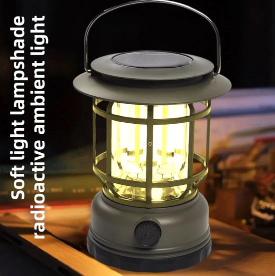 Multifunctionele Compacte Kampeerlamp met Powerbank – Duurzaam, Dimbaar & Waterdicht – USB/Zonne-Energie Opladen – Ideaal voor Outdoor & Tuin-zwart