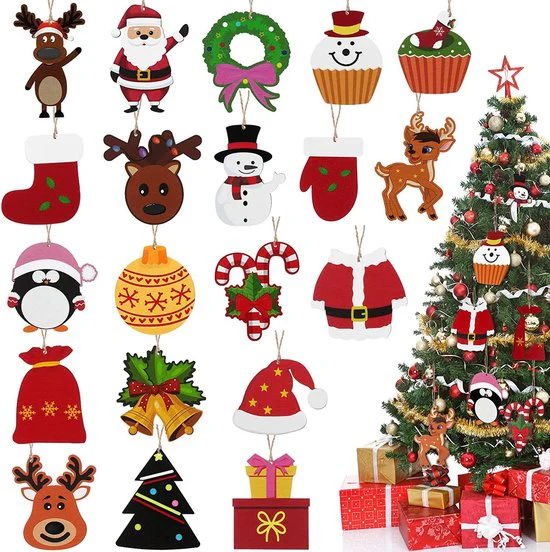 2 set van 12-delige Houten Kersthangers – Snoeptrein & Snoephuisjes in Kleurrijk Design-Unieke Hangdecoratie voor Kerstboom en Cadeaus