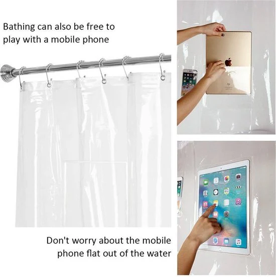 Transparante Douchegordijn met 12 waterdichte aanraakgevoelige vakken voor Tabled / IPad / Mobiel – Om Films, TikTok, Facebook, Instagram, etc te gebruiken tijdens het douchen – 180 x 200 cm