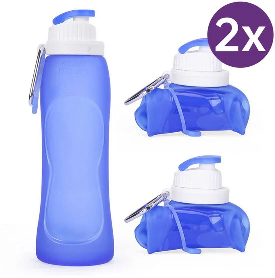 2 Stuks opvouwbare draagbare waterfles met karabijnhaak – duurzaam siliconen-hemelsblauw 500ml