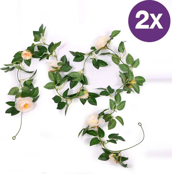 2 Stuks Rozen Slinger – Kunstbloemen slinger – Balkon decoratie – Zomerbloem- 145cm – Klimroos Light Champagne – Bruiloft Decoratie – Trouwen -Trouwdag bloemen