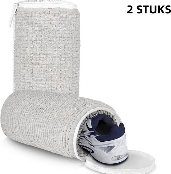 2 stuks Universele Schoenwaszak voor Wasmachine – Dubbellaags Mesh met Hanglus -Beschermend en Herbruikbaar- Lichtgrijs 35×17.5cm