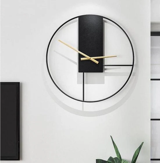 TDR – Moderne Nordic wandklok – Transparant met Zwart Frame en zwart decoratief – ⌀ 43cm