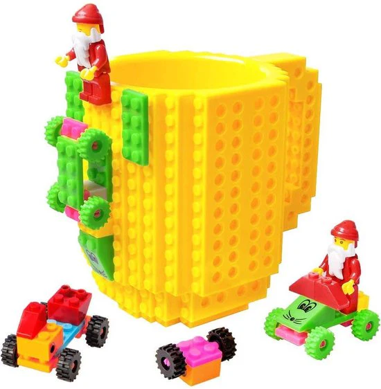Build on Brick Mug – geel – 350 ml – bouw je eigen mok met bouwsteentjes – BPA vrije drinkbeker cadeau voor kinderen of volwassenen – koffie thee limonade of andere dranken – pennenbeker – creatief accessoire voor op bureau -HnD