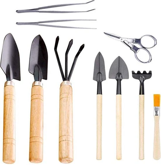 10-delige Mini Bloementuingereedschapset – ideaal voor op balkon , bloementuintje of bonsai boomjes – leuk kado voor de feestdagen