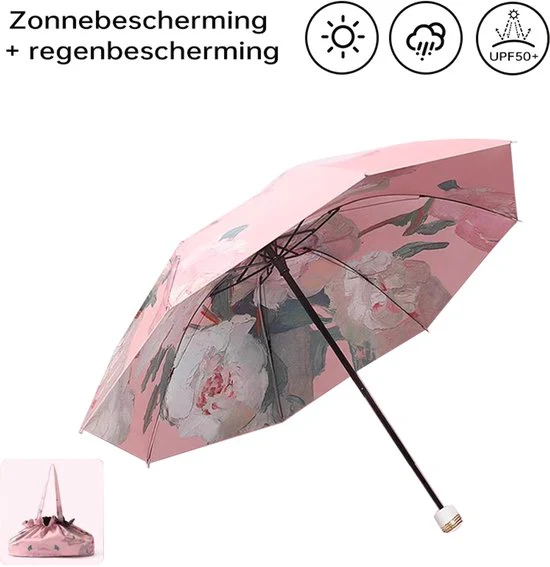 TDR-Opvouwbaar bloem paraplu – Zonbescherming Anti-Uv UPF50 + -Windproof- Stevig paraplu met diameter van 97 cm-roze