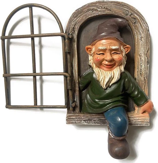 Charmante tuinkabouter met witte baard voor in de tuin – ophangbaar standbeeld van duurzame designerhars – 14,5x15x8cm