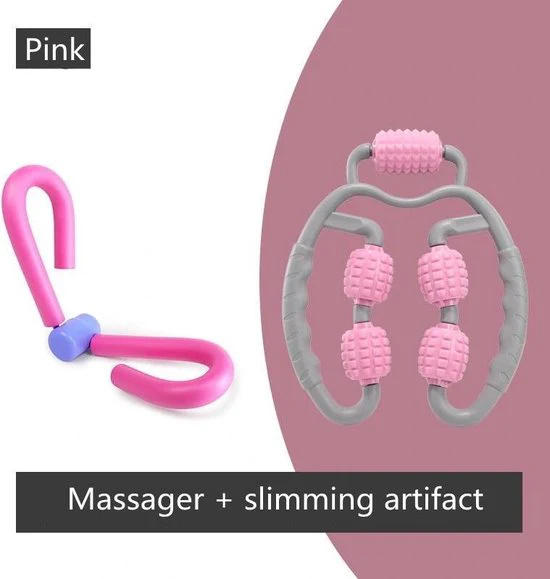 Fitness & Massage Set – De ultieme combinatie voor verbetering van lichaamsvorm en ontspanning – 1x Multifunctionele fitness en afslank klem & 1x Massage handvat met Rollers – Roze