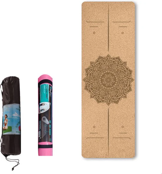 TDR –  Yoga mat – Natuurlijk kurk en TPE – vrij van schadelijke stoffen, hypoallergeen en 100% (biologisch) afbreekbaar –  zeer geschikt voor Yin Yoga en Kundalini Yoga met draagtas met draagtas en draagband- 183x66x0,5 cm – houdingslijn motief