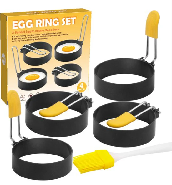 Ei ring – 4 stuks – RVS – Siliconen handgreep – bakvorm rond – geschikt voor o.a. eieren & pannenkoeken – met antiaanbaklaag –