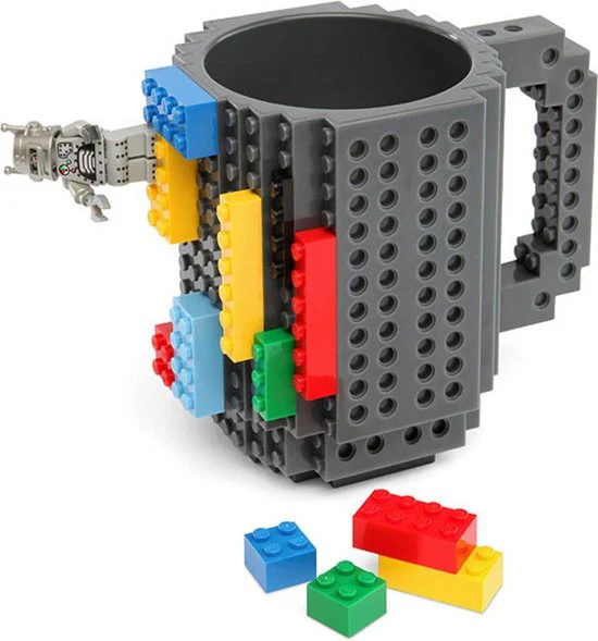 Build on Brick Mug – grijs – 350 ml – bouw je eigen mok met bouwsteentjes – BPA vrije drinkbeker cadeau voor kinderen of volwassenen – koffie thee limonade of andere dranken – pennenbeker – creatief accessoire voor op bureau