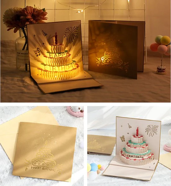 creatieve 3D-verjaardagskaart met opname-, licht- en kaarseffecten-Feestelijke Cadeaukaart – Unieke Beleving – 15x15cm