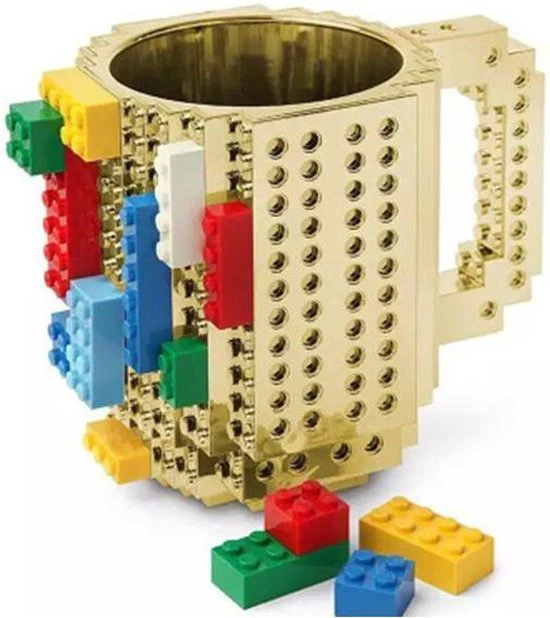 Build on Brick Mug -goud- 350 ml – bouw je eigen mok met bouwsteentjes – BPA vrije drinkbeker cadeau voor kinderen of volwassenen – koffie thee limonade of andere dranken – pennenbeker – creatief accessoire voor op bureau-goud