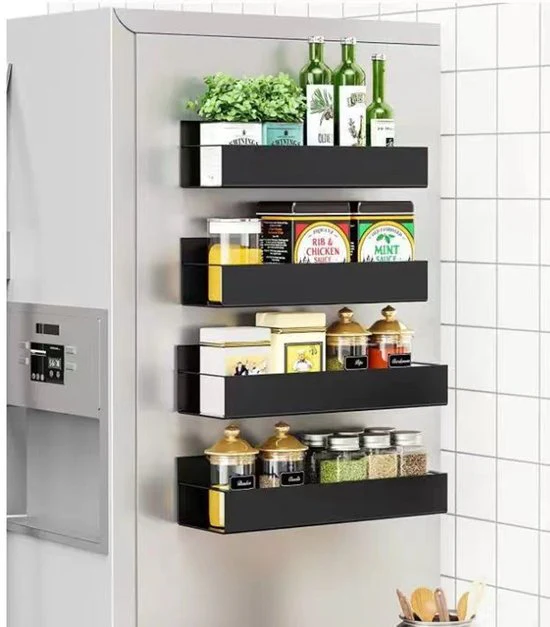 4-in-1 Magnetisch Kruidenrek Set – RVS – Perforatievrij – Wandmontage – Zwart – Keuken Organizer
