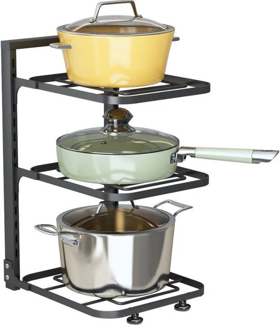 3-Lagen Verstelbaar Pannenrek van Premium Koolstofstaal – Ruimtebesparend, Multifunctioneel & Stevig – Perfect voor Potten, Pannen & Keukengerei – Zwart