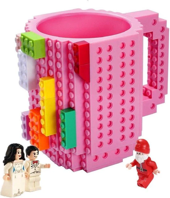 Build on Brick Mug – Donker Roze- 350 ml – bouw je eigen mok met bouwsteentjes – BPA vrije drinkbeker cadeau voor kinderen of volwassenen – koffie thee limonade of andere dranken – pennenbeker – creatief accessoire voor op bureau