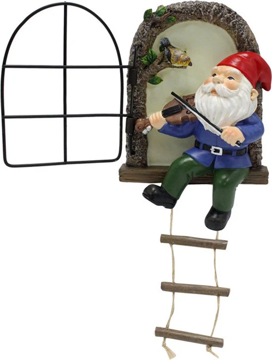 Betoverende Kabouter met Viool – Duurzame Tuin Hanger met Nachtglow-13,8 cm Hoog