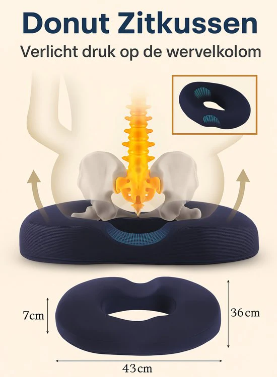 TDR – Orthopedisch Kussen van Traagschuim – Ringkussen – Donut Zitkussen – Ergonomisch – Verlicht Druk op Stuitje – Stoel | Rolstoel | Autostoel | Zwangerschap – Afneem en Wasbare Hoes – Anti-Slip Bodem – Navy Blue