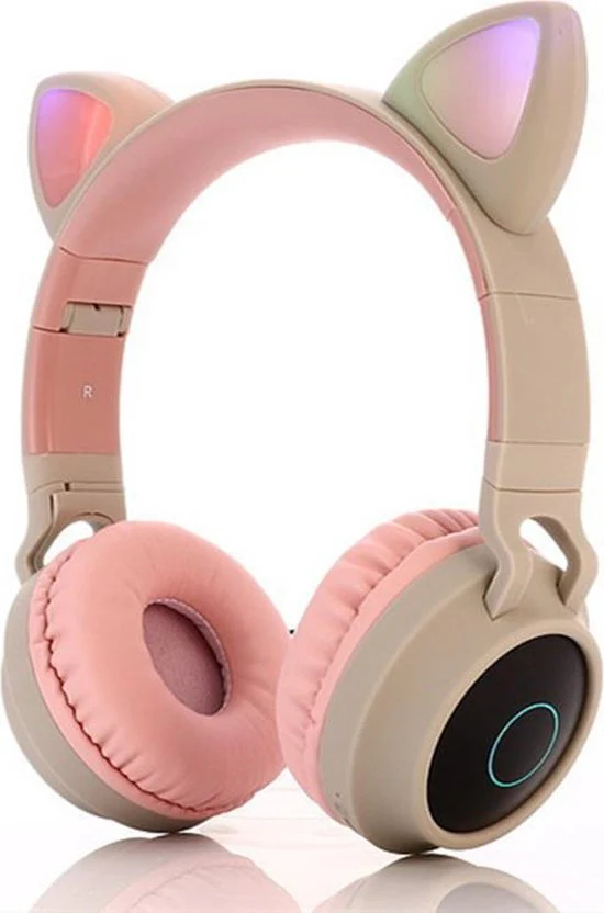 TDR- Draadloze Bluetooth koptelefoon – Over-Ear Koptelefoon voor Kinderen – Met Led Kat Oortjes – Bekend van TikTok –  roze grijs